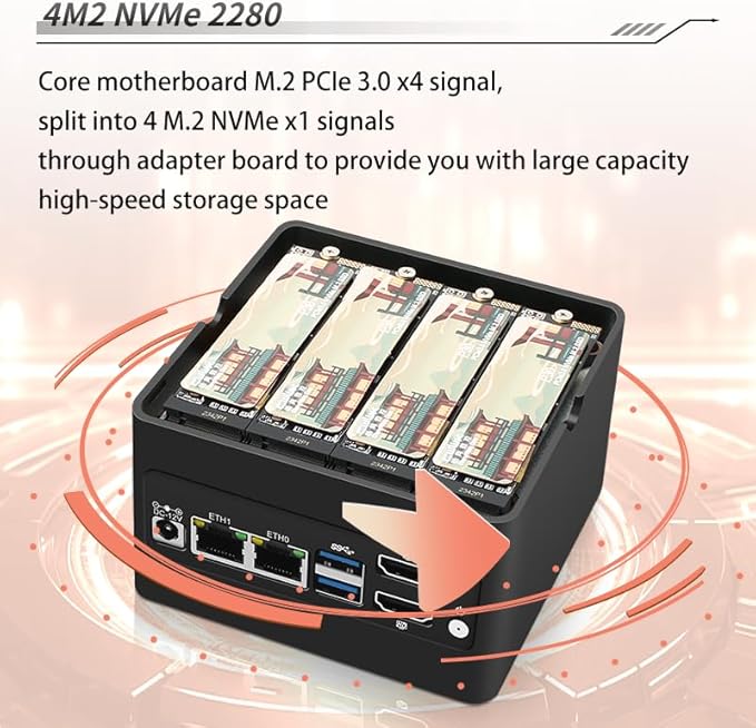 N355 Mini PC 4-Bay NAS Server Pocket Host X86 P6 Lake-N355(Upgraded intelN305) 4M.2 NVMe Expansion Slots, DDR5 4800MHz, Dual 2.5G Network Cards (NO RAM NO SSD)