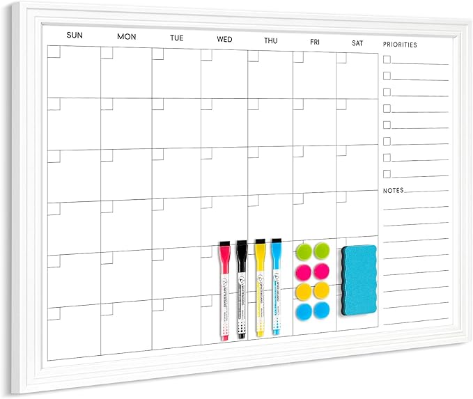 DOLLAR BOSS Magnetic White Board Calendar 36''x 24'', Monthly Dry Erase Planner for Wall with White Wood Style Frame for Office, School, Dorm, Home Decor