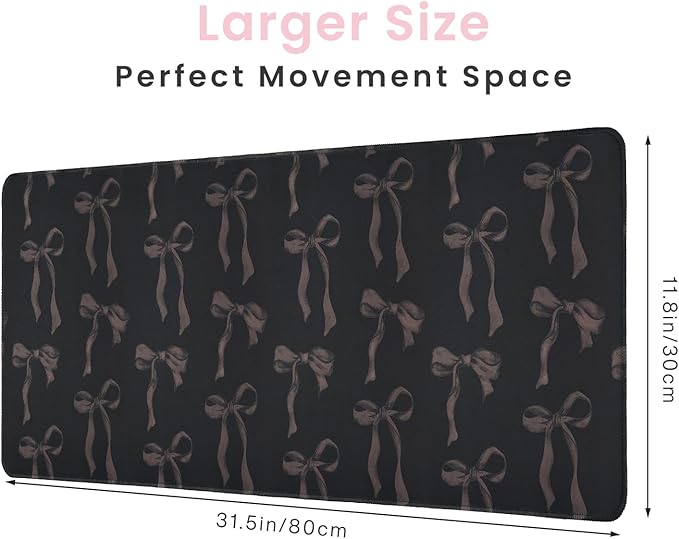 Cute Black Desk Mat with Bows, Black Bow Mouse Pad Keyboard Mat for Computer Laptop Non-Slip Rubber Base, Large Girly Computer Pad Desktop Décor Bow Office Accessories for Teen Girl Women 31.5 x 11.8