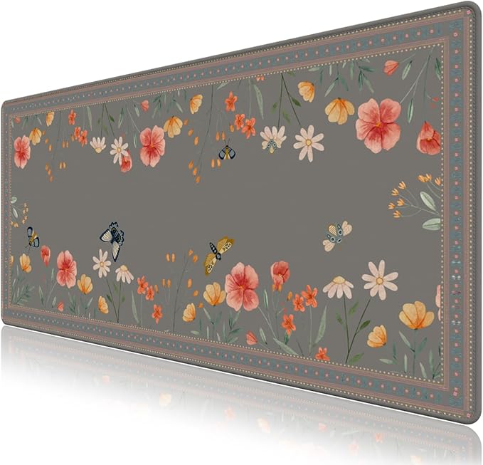 Desk Pad for Keyboard and Mouse, Large Mouse Pad for Desk, Non-Slip Keyboard Mat, Computer Mats for Desk, Cute Desk Pad with Stitched Edges for Office, Gaming I Brown Butterflies Flowers