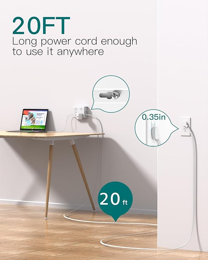 20 FT Flat Plug Extension Cord with Multiple Outlets, Surge Protector Power Strip with 8 Outlets 4 USB Ports (2 USB C), Multi Outlet Wall Plug for Home Office College Dorm Room Essentials