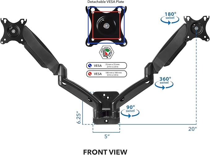 Mount-It! Dual Monitor Wall Mount - 2 Monitor Wall Brackets - Full Motion Adjustable Computer Monitor Wall Mount with Articulating Arms for up to 27" Screens with 75 or 100 VESA Patterns