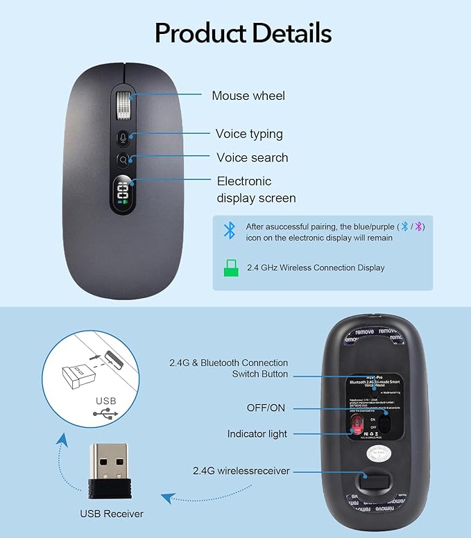 AI Wireless Mouse with Voice & Audio Recorder， Wireless Bluetooth Mouse for MacBook/PC/Laptop,Silent Design,2.4GHz USB-C Rechargeable, AI Writing/Summarize/Translate Office & Study