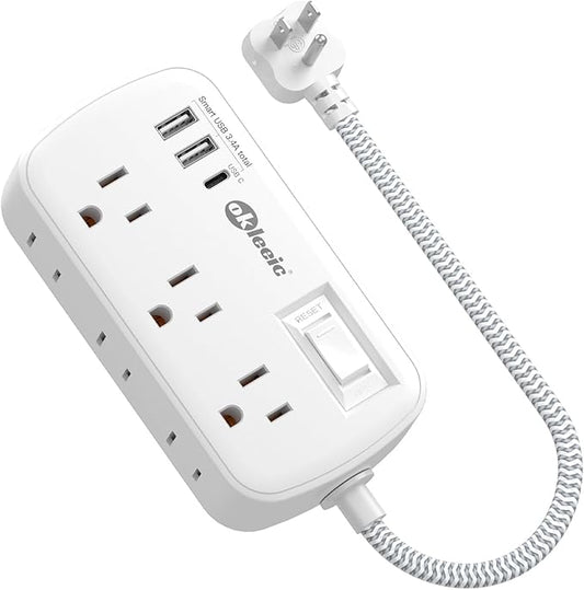 Short Extension Cord 1 ft - Flat Plug Small Power Strip Surge Protetor with 6 Outlets 3 USB (5V/3.4A 17W) Charging Ports, Multi Plug Wall Outlet Splitter for Home Office Dorm Roomc, White