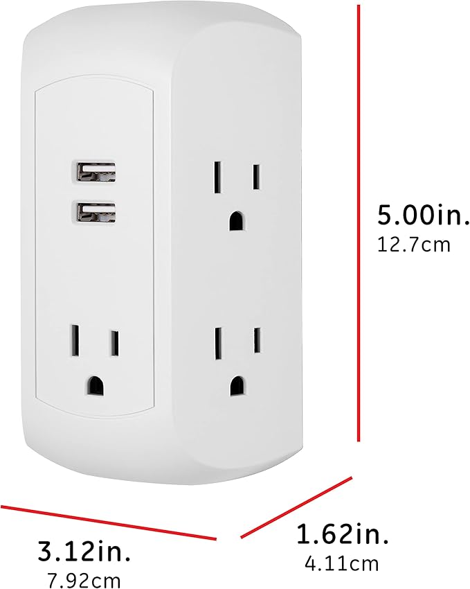 GE 5-Outlet 2-USB Surge Protector Outlet Adapter, 560 Joules, Fast Charging Station, 12W USB-A Ports, Side Access, Compatible with Apple iPhone, iPad, Samsung Galaxy, Google Pixel, White, 58297