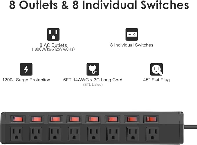 8 Outlet Heavy Duty Power Strip with 8 Individual Switches,Moutable Metal Power Strip Surge Protector 1200 Joules,6FT 14AWG Extension Cord,15A 1800W 125V 60Hz