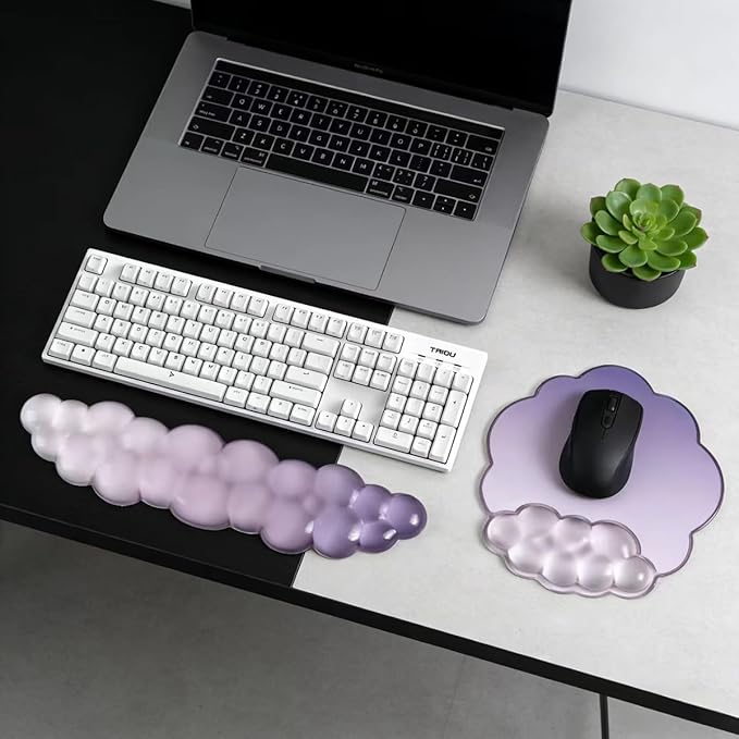 Gradient Purple Cloud Keyboard Wrist Rest with Gel Mouse Pad - Cute Office Accessories Ergonomic Mouse Pad for Computer/Laptop/Gaming/Home/Office/Typing Pain Relief