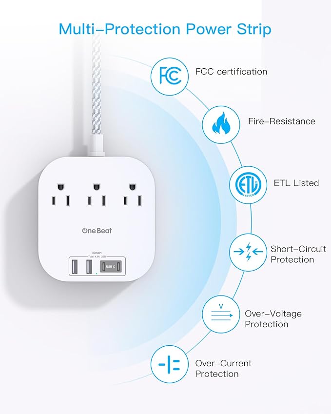 One Beat Power Strip with USB C, 3 Outlets 4 USB Ports (22.5W/4.5A) Desktop Charging Station, Flat Plug, 5ft Braided Extension Cord, Non Surge Protector for Travel, Cruise Ship, ETL Listed (Pack of 2)