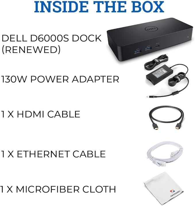 Crossery Dell D6000s Docking Station Bundle - Includes Universal Dell Dock Station, HDMI Cable, 130W Power Adapter & Microfiber Cloth, Compatible with USB-C, 4k Dual Monitor Support (Renewed)