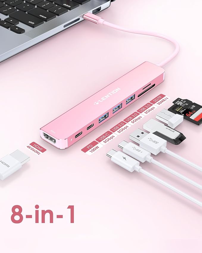 LENTION 8-in-1 USB-C Hub with 4K 60Hz HDMI, 100W Power Delivery, 5Gbps USB C Data, 3 USB 3.0 and microSD & SD Card Reader for 2025-2016 MacBook Pro, New Mac Air/Surface, More (CB-CE18s, Rose Gold)