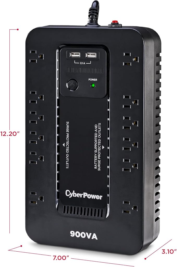CyberPower ST900U Standby UPS System, 900VA/500W, 12 Outlets, 2 USB Charging Ports, Compact, Black