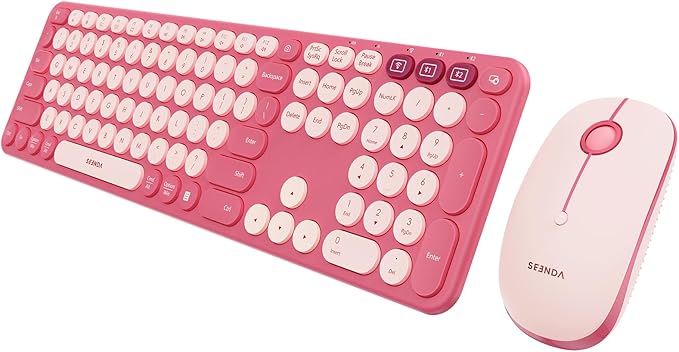 seenda Wireless Bluetooth Keyboard and Mouse Combo, COE202 Retro Cute Round Keycaps, 3 Multi-Device Connection, Full Size Keyboard Compatible for PC/Laptop/Mac/MacBook/iPad/Tablet, Pink
