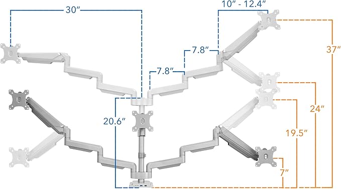 Mount-It! Triple Monitor Mount with Gas Spring Arms, Fits 24–32 Inch Screens, USB & Audio Ports, Full Motion Desk Stand with Tilt, Swivel & Rotation, Heavy Duty Silver 3 Screen Arm with Clamp