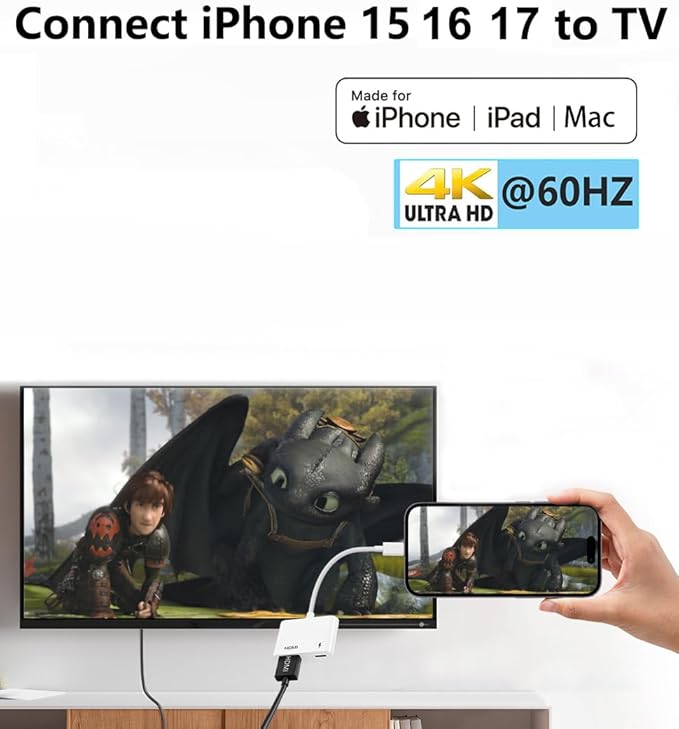 Apple USB-C to HDMI Adapter 4K@60Hz for iPhone 15 16 17 MacBook Pro Air iPad Pro, MFi Certified USB 3.1 Type C Digital AV HDMI 2.0 Cord Compatible with Samsung Galaxy S25/S24/S23 and More (White-2)