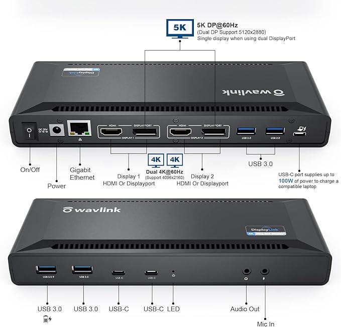 WAVLINK 4K Universal USB C Docking Station Dual Monitors, Displaylink Dock, 100W PD Charging for MacBook M1/M2, Thunderbolt 4/3, USB-C Windows Mac, 2 DisplayPort & 2 HDMI, Ethernet, Audio