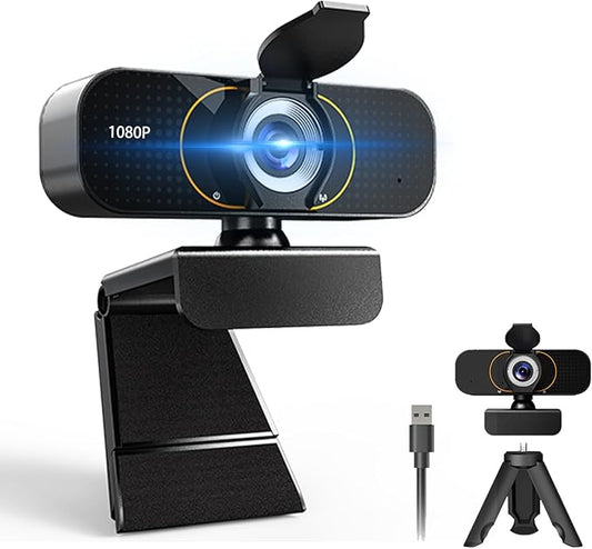1080P HD Webcam with Microphone, Wide-Angle Lens, Auto Light Correction, Plug Play USB Web Cam with Tripod, Stand, External Camera for Laptop, Desktop Computer, PC, Mac, Zoom, Skype, Streaming, Gaming