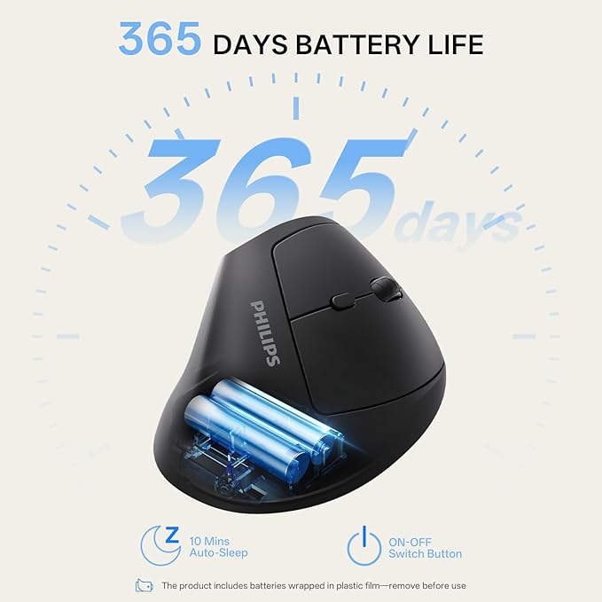 Philips Ergonomic Mouse - Vertical Mouse with 800/1200/1600 Adjustable DPI, 6 Silent Buttons Design for S/M Hands, Auto Power Saving, Light Weight, 2.4GHz Wireless Mouse for Laptop, Desktop, PC-Black