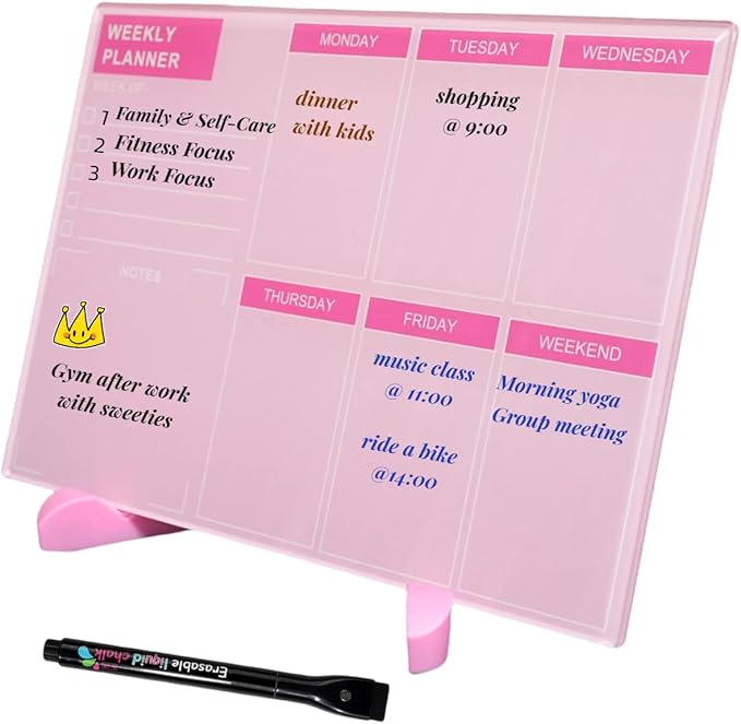 Desktop Thickened Acrylic Dry Erase Board, Weekly White Board with to Do List, Tabletop Whiteboard with Stand, Frameless Dry Erase Pink White Board，9.5"x6.7" for Office, Home, School(Desktop-PK-1724)