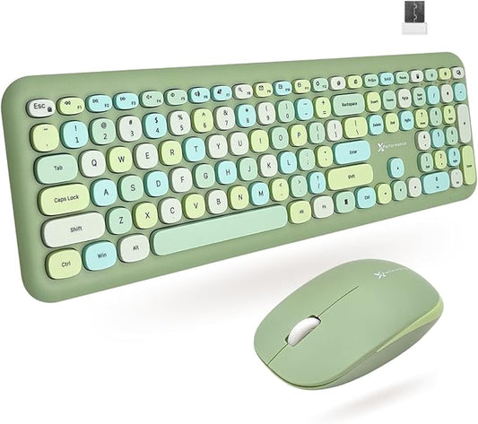 X9 Green Wireless Keyboard and Mouse Combo – 2.4G and Bluetooth Connectivity, Retro Typewriter-Style Wireless Keyboard and Mouse Set, Colorful Bubble Keyboard for Aesthetic Workspaces