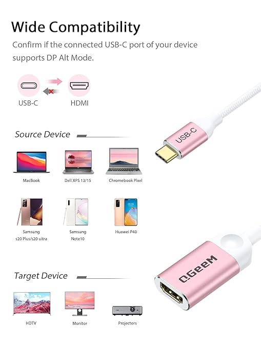 QGeeM USB C to HDMI Adapter 4K Cable, USB Type-C to HDMI Adapter [Thunderbolt 3/4] HDMI for Laptop MacBook Pro/Air, iPhone 15 16 17 Pro max, Dell XPS, Pixelbook, iMac,Thinkpad,Surface,IPad Pro. -Pink