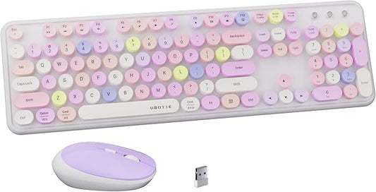 x UBOTIE Colorful Wireless Keyboard and Mouse Combo, Full-Sized Office Keyboard with Typewriter Flexible Keys, 2.4GHz Dropout-Free Connection, Optical Mouse for PC Laptop(White Colorful)