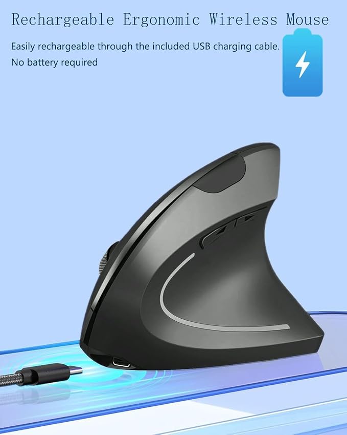 Ergonomic Mouse Wireless, Rechargeable Mouse Silent for Carpal Tunnel Right Hand, 2.4GHz USB Vertical Mouse Wireless for Laptop etc, 3 Adjustable 800/1200/1600 DPI, Black