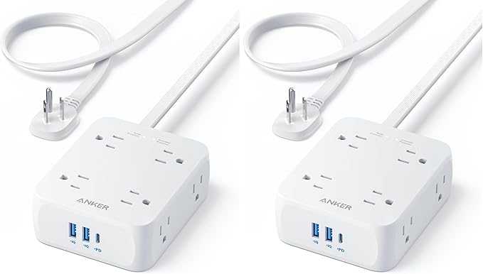 Anker Surge Protector Flat Plug Power Strip 2000J, 5ft Thin Extension Cord, 8 Outlets,2 USB A and 1 USB C Port,20W for iPhone15,Wall Mount,Compact for Home,Office,Room,TUV Listed (Pack of 2)