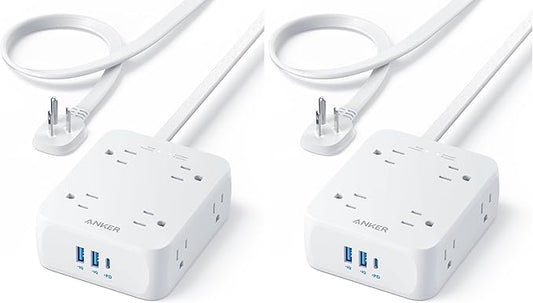 Anker Surge Protector Flat Plug Power Strip 2000J, 5ft Thin Extension Cord, 8 Outlets,2 USB A and 1 USB C Port,20W for iPhone15,Wall Mount,Compact for Home,Office,Room,TUV Listed (Pack of 2)