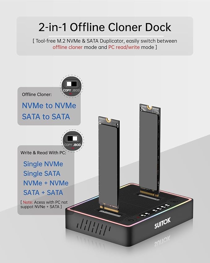 M.2 Duplicator Cloner Dual-Bay Offline USB C to NVMe SATA Dock Station, 20Gbps M2 Reader for Both (M Key, B+M Key) PCIE NGFF Docking, Size for 22110 2280 2260 2242 2230 Enclosure - STK03