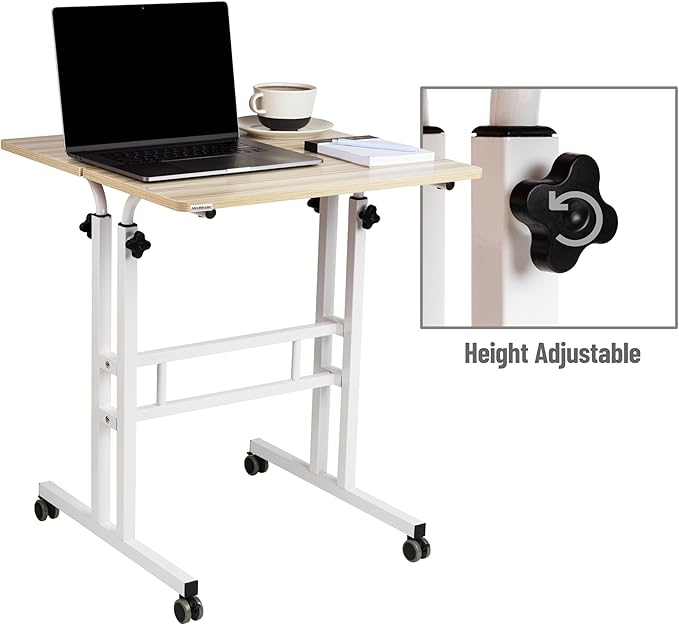 Mind Reader Standing Desk, Adjustable Height Laptop Workstation, Portable Rolling Desk on Wheels, Two-Tier Metal Frame, White