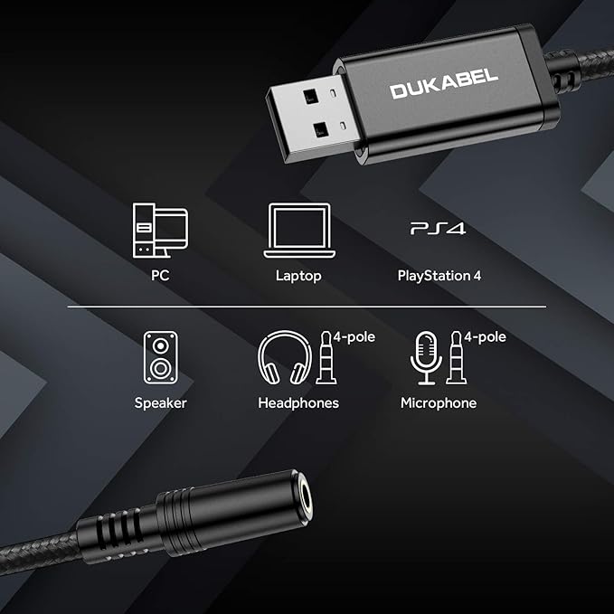 DUKABEL USB Audio Adapter, USB to 3.5mm Aux Adapter for Headset, TRRS Microphones, USB External Sound Card Converter for PC, PS4, PS5[240CM/6.6FT]