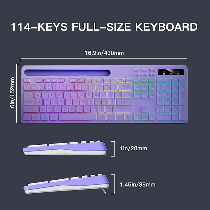 Wireless Keyboard with 7-Color RGB Backlit, Full-Size Computer Keyboard with Phone Tablet Holder, 2.4G Rechargeable Gaming Keyboard with Light Up Keys, Compatible with Mac, Windows (Purple)