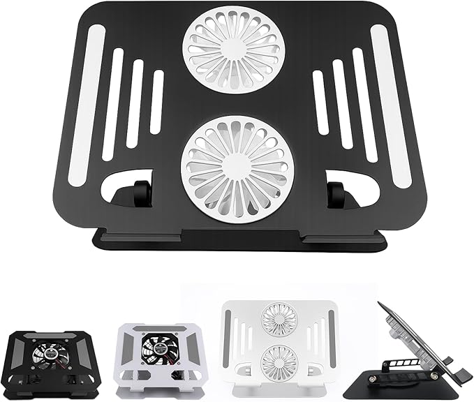Laptop Cooling Stand with Dual Turbo Cooling Fans, Adjustable Height & Angle, 360° Rotating, Ergonomic Aluminum Notebook Riser for 10-17 inch Laptops (Obsidian Black)
