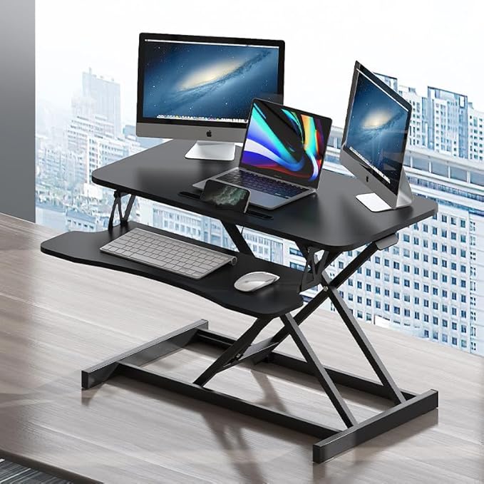 32 Inch Adjustable Standing Desk, Dual Monitor Sit Stand Desk with Wide Keyboard Tray for Table Home Office (Black)