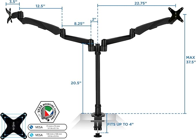 Mount-It! Premium Modular Dual Monitor Desk Mount Arms Stand | Double Gas Spring Arms Fits 19 21.5 24 27 32 Inch Computer Screens with 75 100 VESA Patterns | C-Clamp and Grommet Bases | Black