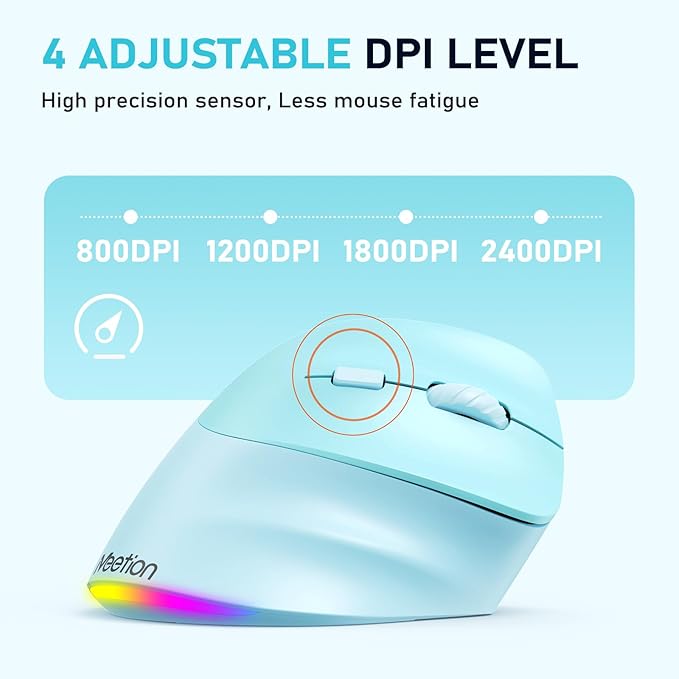 MEETION Ergonomic Mouse, Wireless Vertical Mouse RGB Backlit Rechargeable Mice for Bluetooth(5.2 + 3.0) & USB-A with Type-c Adapter 4 Adjustable DPI Mac/Windows/Andriod/PC/Tablet/iPad Blue