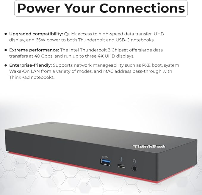 Lenovo 40AN0135US Thunderbolt 3 Dock - Gen 2 Dual UHD 4K Display with 135W Power Adapter, Thinkpad Lenovo Docking Station Dual Monitor with HDMI, DisplayPort, Thunderbolt Cable, Cloth
