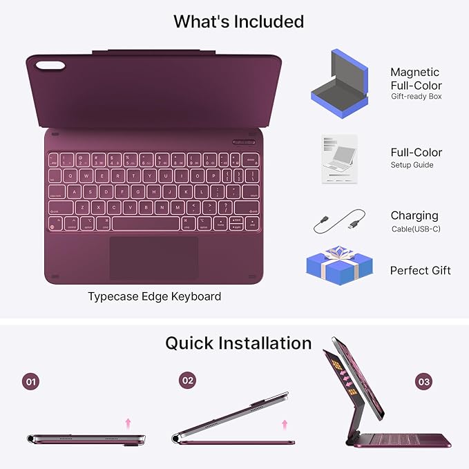 typecase Edge Keyboard Case for iPad 11th Gen A16 (2025) & 10th Gen 10.9" (2022) – Multi-Touch Trackpad, 11-Color Backlit Magic-Style Keyboard – Floating Magnetic Stand, Pencil Holder – Raspberry