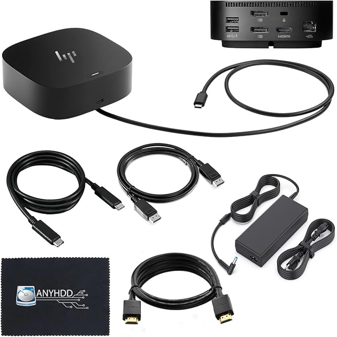 HP Docking Station for Laptop Dual Monitor and Charging Bundle - USB-C G5 Dock 5YH27AV#ABA with 120W Adapter + HDMI Cable + DisplayPort Cable + USB-C Cable + Microfiber Cloth (Renewed)