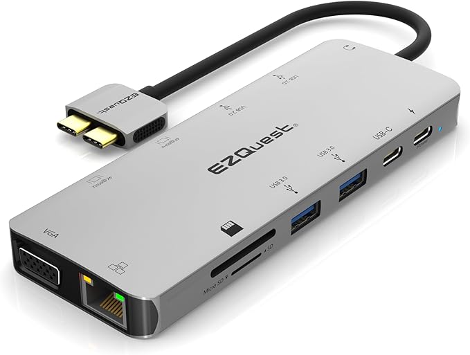 EZQuest USB C Hub 13 in 2 with 2 HDMI 4K, VGA, 1GBS Ethernet, 2USB A 3.0 Ports, 2 USB A 2.0 Ports, SD/Mico SD and Audio Port for Work and Travel - for MacBook Pro & Air