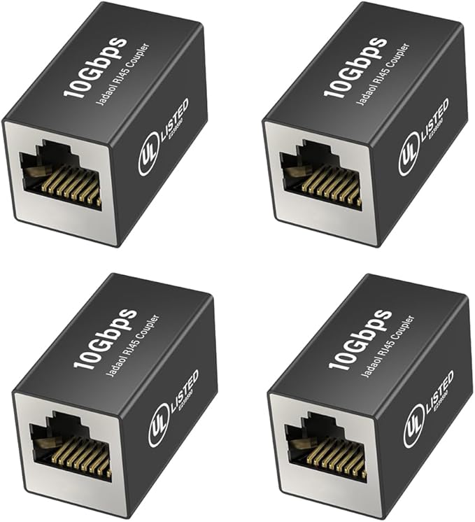 Jadaol [UL Listed RJ45 Coupler 10Gbps Shielded, Gold-Plated Contacts, Aluminum Alloy Inline Ethernet Extender, PoE Supported Female-to-Female Adapter for Cat8/Cat7/Cat6a/Cat6 Cables, 4-Pack Black
