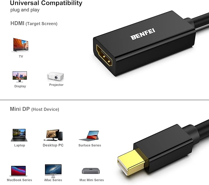 BENFEI Mini DisplayPort to HDMI, Mini DP(Thunderbolt) to HDMI Converter Gold-Plated Cord Compatible for MacBook Pro, MacBook Air, Mac mini, Microsoft Surface Pro 3/4, etc