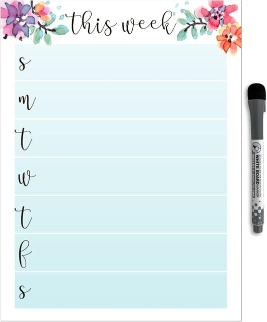 Dry Erase Weekly Calendar Planner Sticker Decal | Removable & Reusable | Magnetic Fine-Tip Marker Included (9 x 12 inches, Floral)