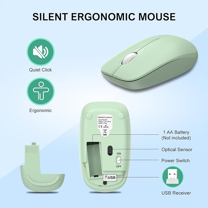 Wireless Keyboard and Mouse Combo, Full-Size Silent Ergonomic Keyboard and Optical Mouse, Long Battery Life, 2.4G Lag-Free Mice Keyboard for Computer,Mac,Laptop,PC,Windows(Avocado Green)