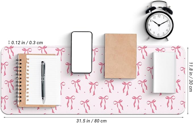 Large Computer Mouse Pad with Non-Slip Base for Desktop, Cute Gaming Mouse Mat with Stitched Edges, Long Extended Anime Mousepad for Laptop, 31.5 x 11.8 inches (Pink Ribbon Bow)