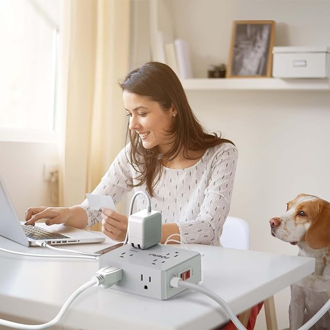 Surge Protector Power Strip - 10 Ft Flat Plug Extension Cord with 8 Widely Outlets and 4 USB Ports(1 USB C), 3 Side Outlet Extender for Home Office, Grey, ETL Listed
