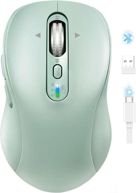 Wireless Bluetooth Mouse for Laptop,USB+BT×2,Quiet Ergo Computer Mouses,Metal 4-Way Super Scrolling,± 3200 DPI,Rechargeable,10 Button,Plug&Play,Multi Device Cordless Mice for iPad,Tablet,Mac,PC(Green)
