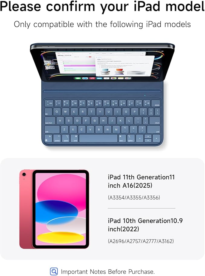 HOU Slim Bluetooth Keyboard Case for 2025 11th-Gen iPad (A16) & 2022 10th-Gen iPad, Smart Folio, Magnetic Stand with 2 Ergonomic Tilt Angles, Recyclable Synthetic Leather, Long-Life Battery, Blue