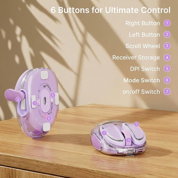 EWEADN Q9 Wireless Clear Mouse Dual Mode Bluetooth & 2.4G USB Computer Mouse with RGB Lighting, Silent Clicks, Multi-Device Compatibility for Laptop, PC, MacBook, iPad Cute Mouse-Purple