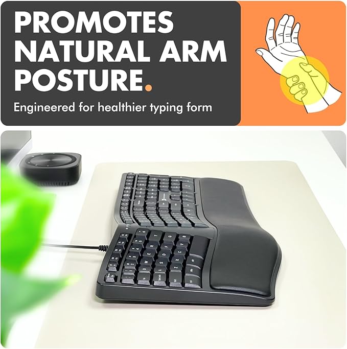 X9 Wired Ergonomic Keyboard with Cushioned Wrist Rest - Type Comfortably Longer - USB Wired Split Keyboard for Laptop, PC & Chrome Computer with 110 Ergo Keys & 5ft Cable